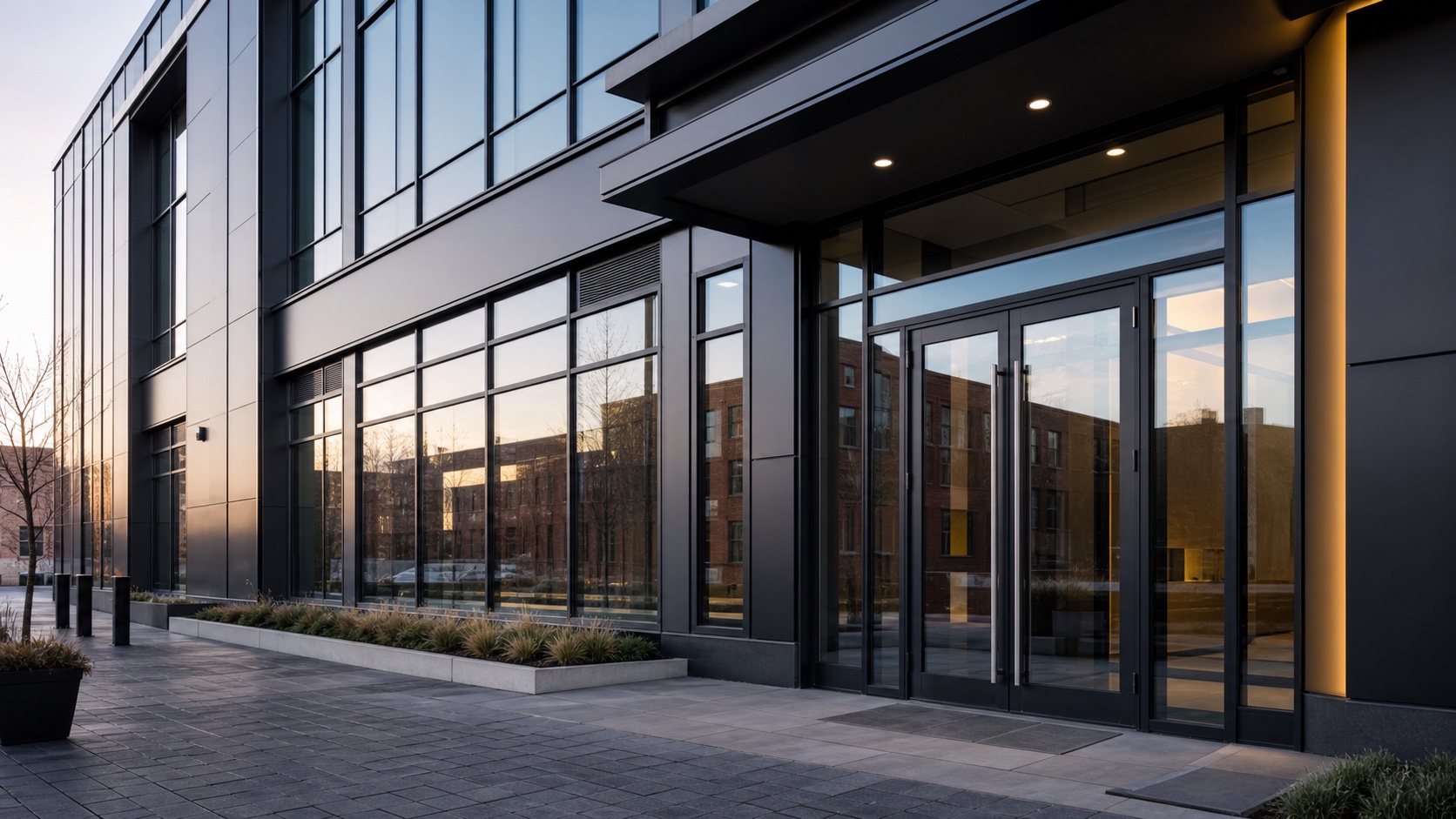 Façade commerciale vitrée avec entrée en verre et aluminium noir