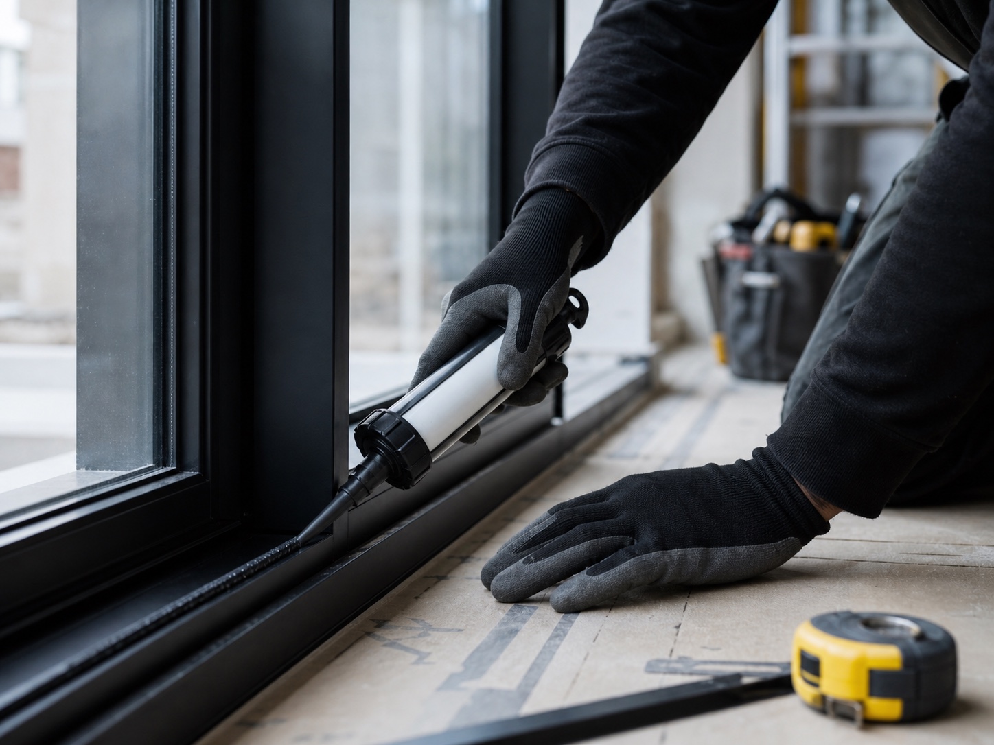 Main gantée appliquant un joint de scellant sur un cadre de fenêtre noir